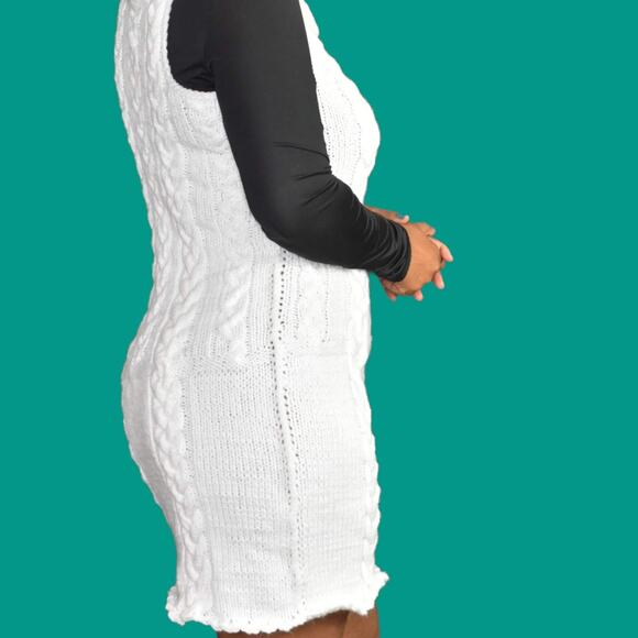 Sweater Knit Dress White Handmade Chunky Cable Sleeveless Mini Pencil Size Small - Picture 12 of 12